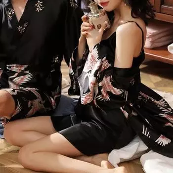 Yousheng 2 шт./комплект женский пижамный комплект из ледяного шелка атласный напечатанный V-образный вырез спагетти бретельки свободная ночная рубашка с коротким рукавом шнуровка талия ночная рубашка женская одежда для сна M темно-синий