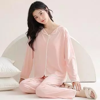 Yousheng 2 шт./комплект женский пижамный костюм с нагрудными накладками длинные рукава свободный однотонный топ эластичный пояс широкие штанины пижамы весна осень домашняя одежда одежда XXL синий