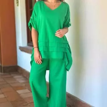 Yousheng 2 шт./комплект женский повседневный наряд с круглым вырезом и рукавом 3/4 средней длины топы с эластичной талией широкие длинные брюки комплект однотонной домашней одежды S белый