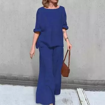 Yousheng 2 шт./комплект женский повседневный наряд с круглым вырезом и длинными рукавами топы с эластичной талией широкие длинные брюки комплект однотонная домашняя одежда 3XL белый