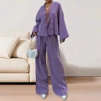 Yousheng 2 шт./комплект женский рубашка брюки комплект шнуровка кардиган длинный рукав блузка широкие брюки полная длина домашняя одежда повседневный наряд пижама костюм L фиолетовый