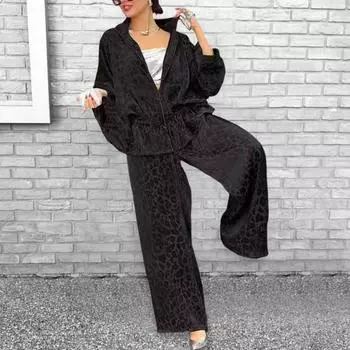 Yousheng 2 шт./комплект женский рубашка брюки комплект леопардовый принт молния длинный рукав плиссированный топ свободные широкие брюки коммутационный рабочий наряд S верблюд