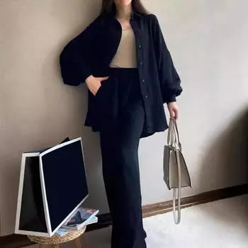 Yousheng 2 шт./комплект женский рубашка брюки комплект отложной воротник однобортный длинный рукав свободный верх эластичный пояс широкие брюки спортивный костюм S светло-зеленый