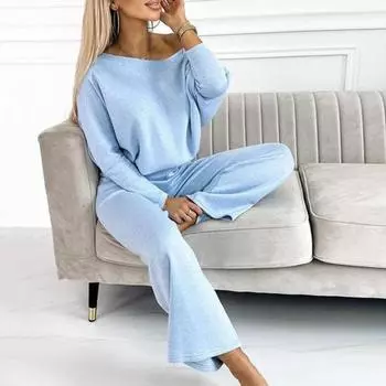 Yousheng 2 шт./комплект женский топ брюки комплект круглый вырез длинный рукав толстовка эластичный пояс широкие спортивные штаны спортивный костюм осенний повседневный спортивный костюм M фиолетовый