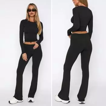 Yousheng 2 шт./комплект женский топ брюки комплект круглый вырез однотонный длинный рукав облегающая футболка с низкой талией расклешенные брюки повседневный спортивный наряд S чёрный