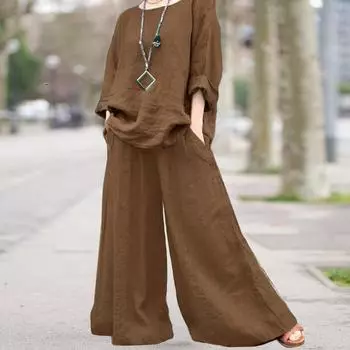 Yousheng 2 шт./комплект женский топ брюки комплект круглый вырез ретро блузка с длинными рукавами широкие брюки эластичный пояс повседневный досуг свободный наряд XL зелёный