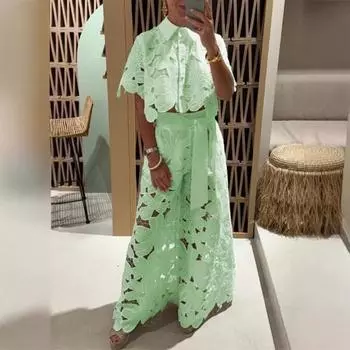 Yousheng 2 шт./комплект женский топ брюки костюм ажурный цветок аппликация отложной воротник пуговицы короткая блузка широкие брюки комплект S синий
