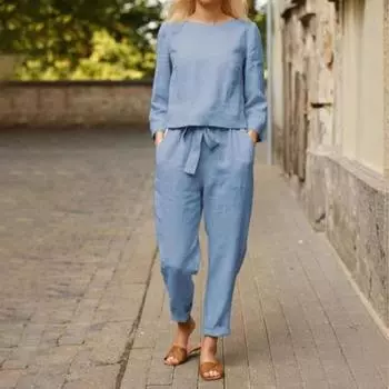 Yousheng 2 шт./комплект женский топ брюки комплект круглый вырез длинный рукав блузка винтажные эластичные талии брюки повседневный досуг свободный наряд S кирпич красный