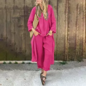 Yousheng 2 шт./комплект женский топ брюки комплект V-образный вырез длинные рукава нестандартная блузка средней длины винтажные брюки с эластичной резинкой на талии повседневный свободный наряд для отдыха M белый