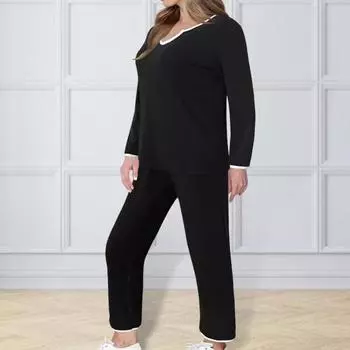 Yousheng 2 шт./комплект женский топ и брюки комплект V-образный вырез длинный рукав толстовка эластичный пояс широкие спортивные штаны спортивный наряд осенний повседневный спортивный костюм S чёрный