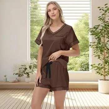 Yousheng 2 шт./комплект женский топ и брюки костюм летний ледяной шелк пижама комплект брюки бант талия V-образный вырез короткий рукав футболка домашняя одежда повседневная одежда S коричневый