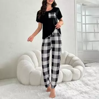 Yousheng 2 шт./комплект женский топ и брюки костюм летняя пижама комплект клетчатые брюки круглый вырез короткий рукав футболка домашняя одежда повседневная одежда S белый