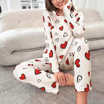 Yousheng 2 шт./комплект зимнее женское нижнее белье комплект с принтом сердца круглый вырез длинный рукав высокая эластичная осенне-весенняя пижама комплект домашняя одежда одежда для сна одежда L белый