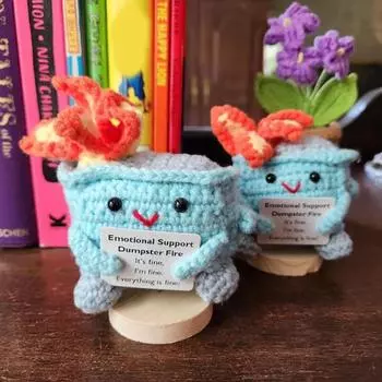 Yousheng 2 шт. крючком мусорный контейнер с пламенем и основанием, позитивная открытка, эмоциональная поддержка, ручная работа, вязание, мусорный бак, кукла, игрушка, украшение синий