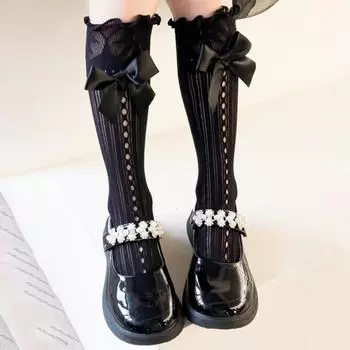 Yousheng, 2 шт., носки для девочек, волнистые кружевные носки с полой сеткой, милые, хорошая воздухопроницаемость, удобная повседневная одежда, дизайн с бантом из спандекса, японские носки JK, поставка для вечеринок чёрный