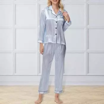 Yousheng 2 шт. Женский шелковый атласный пижамный комплект с застежкой на пуговицы и брюками, свободная рубашка для сна в полоску и брюки с эластичным поясом, одежда для отдыха S синий
