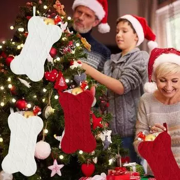 Yousheng 2Pcs Christmas Stockings Large Bone Shape Knitted Dog Christmas Stockings Xmas Tree Hanging Decoration for Holiday Decor 2pcs белый