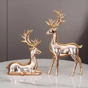 Yousheng 2Pcs Пара оленей Статуэтка стоящая, лежащая статуэтка оленя из смолы Скульптура лося Рождество Домашний Офис Книжная полка Украшение для рабочего стола Орнамент A