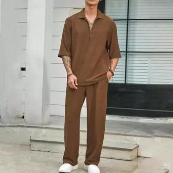 Yousheng 2Pcs/Set Men Casual Outfit Lapel Long Sleeve Tops Elastic Waist Long Pants Set Solid Color Commuter Style Outfit M небесно-голубой