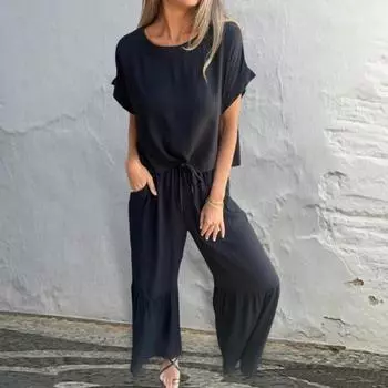 Yousheng 2Pcs/Set Women Casual Outfit O-Neck Short Sleeve Pullover Tops Elastic Waist Adjustable Drawstring Ruffle Stitching Cuffs Pants Set Solid M оранжевый