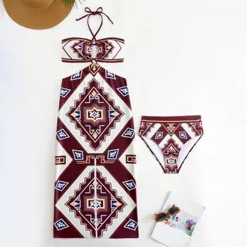 Yousheng 3 шт./комплект женский купальник комплект шнуровка халтер бандо бюстгальтер с высокой талией трусы комплект с пляжной юбкой винтажный печатный узор купальники S озеро синий