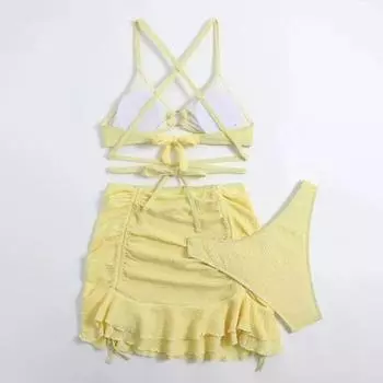 Yousheng 3 шт./комплект женский купальник однотонный волнистый сексуальный бикини с разрезом на шнуровке юбка с оборками на шнуровке пляжная одежда S чёрный