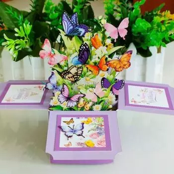 Yousheng 3D Happy Birthday Card Pop-up Butterfly Bouquet Gift Box Birthday Birthday Greeting Card for Family And Friends фиолетовый
