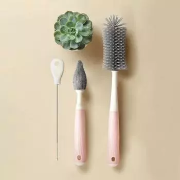 Yousheng 3Pcs/Set Baby Bottle Brushes Set with Vertical Storage Rack Food Grade BPA-Free Silicone Scrubber Straw Nipple Brush Set розовый