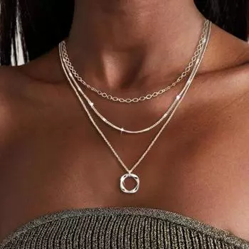 Yousheng 3Pcs Женское Ожерелье Трехслойное Ожерелье С Подвеской В Виде Змеиной Кости, Пружинная Пряжка, Регулируемая Длина, Шарм Ожерелье серебряный