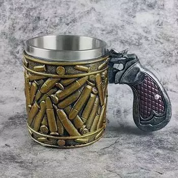 Yousheng 450 мл пивная кружка из нержавеющей стали с ручкой-револьвером, винтажные пули, термостойкая пищевая чашка для чая, молока, кофе, воды золотистый