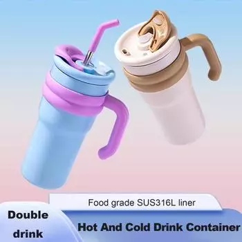 Yousheng 500 мл/700 мл термокружка из нержавеющей стали двойной напиток изолированный стакан с ручкой соломинка портативная герметичная дорожная кружка для мальчиков и девочек 700ML светло-синий