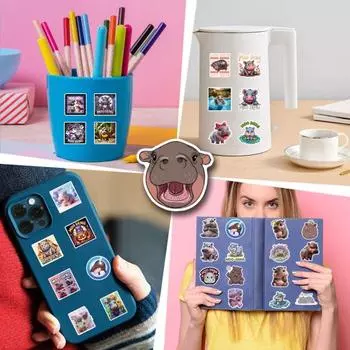 Yousheng 50Pcs Hippo Stickers Self-adhesive Waterproof Aesthetic Laptop Sticker Kids Animal Decals Laptop Luggage Stickers Hippo