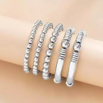 Yousheng 5 Pcs Lady Layered Bracelet Set Luster Different Sizes Alloy Beads Elastic Cord Waterproof Polished Surface Wrist Jewelry for Club Party серебряный