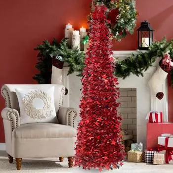 Yousheng 5FT Рождественская елка-карандаш с устойчивым основанием, блестящая снежинка, складная, реалистичная, праздничная, для дома и улицы, рождественская елка, украшение, праздничный подарок 150CM красный