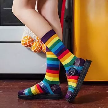 Yousheng 6 пар зимних носков унисекс с разноцветными радужными полосками, средней длины, эластичные, сохраняющие тепло, нескользящие, толстые, для пар, повседневные спортивные носки