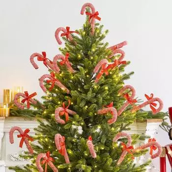 Yousheng 6 Pcs Christmas Candy Cane Decorations Red White Candy Cane Ornaments Set Fabric Christmas Picks Decorations for Xmas Tree Wreath 6pcs