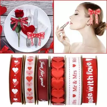Yousheng 6 рулонов лент ко Дню святого Валентина с принтом в виде сердечек для упаковки подарков, ленты из органзы для годовщины, свадьбы, украшения для поделок B