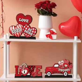 Yousheng 6 шт. деревянные таблички на стол ко Дню святого Валентина красные гномы сердце грузовик настольные центральные украшения для романтического фермерского дома многоярусный поднос декор A