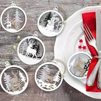 Yousheng 6 шт. рождественские украшения деревянные олени снеговики елочные украшения 3D круглые полые подвесные подвески для праздничного декора фермерского дерева Christmas Tree