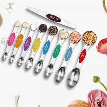 Yousheng 9Pcs/Set Measuring Scoop with Scale Easy to Clean Stainless Steel Double Head Measuring Spoons Set Kitchen Tools