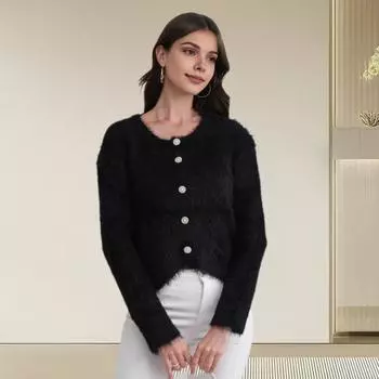 Yousheng Auutmn Winter Lady Cardigan Coat Furry Plush Single-breasted U Neck Long Sleeves Thickened Solid Color Faux Fur Knitted Sweater Jacket белый