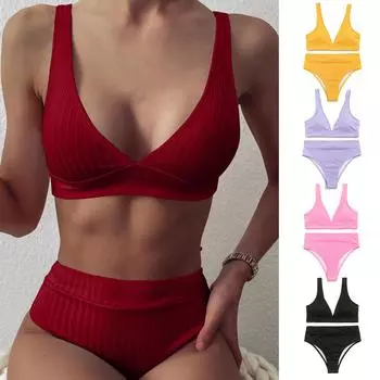 Yousheng бикини из двух частей с v-образным вырезом, однотонный женский комплект в рубчик, глубокий комплект, бюстгальтер, трусы, купальник на лето M синий