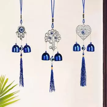 Yousheng Blue Evil Eyes Wind Chime с 2 колокольчиками для внутреннего и наружного использования в саду, патио, подвесной металлический ветряной колокольчик в форме сердца и дерева бабочки Love Heart