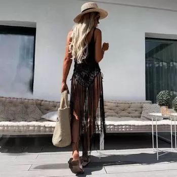 Yousheng Boho Beach Dress для женщин Полый подол с бахромой Сексуальное прикрывающее платье Летние купальные костюмы Блузка крючком кисточки Слинг Пляжная одежда абрикосовый