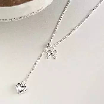 Yousheng Bow Ожерелье Серебряный бант Сердце Кулон Ожерелье Женщины Простой Ювелирный Подарок Для Свиданий Повседневная Одежда Банкет Работа Вечеринка серебряный