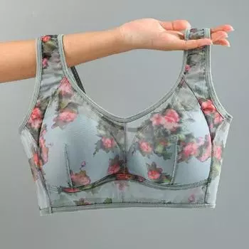 Yousheng бюстгальтер для женщин среднего возраста бесшовный тонкий ледяной шелк охлаждающий цветочный принт беспроводной анти-зацепляющий пуш-ап бюстгальтер для ежедневной носки для мам L фиолетовый