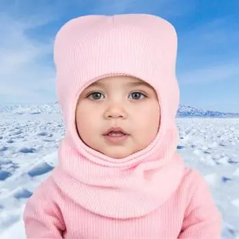 Yousheng Children Winter Hat with Integrated Scarf Yarn Knitted Cap Ear Protection Solid Color Windproof Warm Headwear for 1-8 Years Old Kids розовый