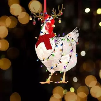 Yousheng Christmas Chicken Pendant Acrylic Santa Hat Scarf Chicken Ornament Easy to Hang Holiday Chicken Decoration for Indoor Outdoor Xmas Tree A