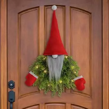 Yousheng Christmas Faceless Gnome Wreath Xmas Dwarf Doll Front Door Hanging Wreath with Light for Home Office Shop Decoration 1pc