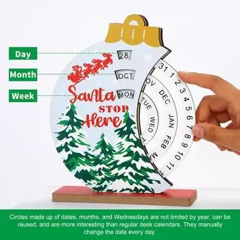 Yousheng Christmas Perpetual Calendar Wooden Disc Perpetual Calendar Manual Rotating Wooden Block Desk Calendar for Home Office Tinkle Bell